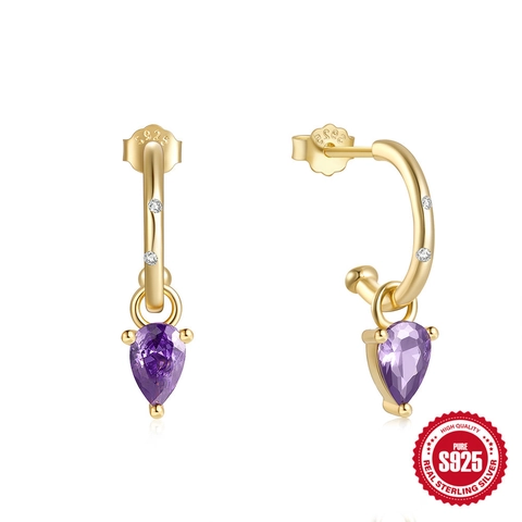 Boucles d'Oreilles Goutte d'Eau en Argent Sterling 925 Plaqué Or en Forme de C avec Zirconia pour Femme Bijoux de Luxe