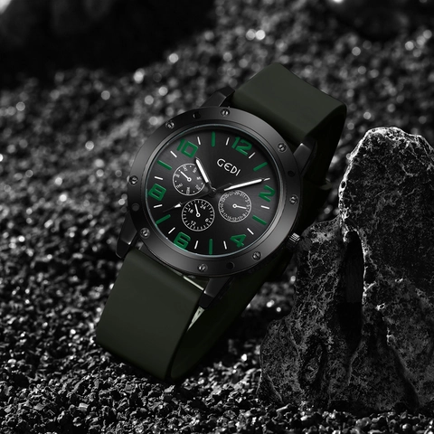 GEDI Men's Sports Quartz Watch Waterproof Luminous Silicone Strap Multi-Function Dial Casual Date Week Display Wristwatch