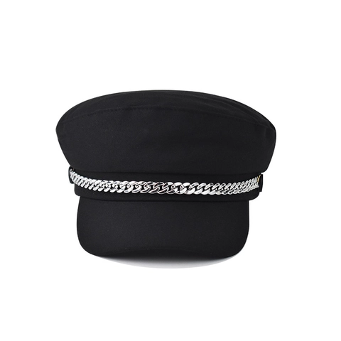 Retro Newsboy Cap For Women With Silver Metal Chain Decoration Cotton Polyester Blend Flat Top Sailor Military Hat