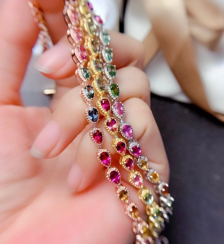 Pulsera de Diamantes de Imitación en Forma de Gota de Color Arco Iris para Mujer Pulsera de Cobre Bañado en Oro 18K Gemas Dulces