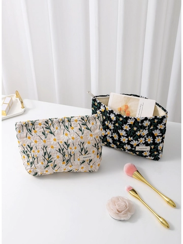 Borsa Trucco Ricamo Margherita Cotone Tela Floreale Pochette Cosmetici Grande Capacità Organizzatore Da Viaggio