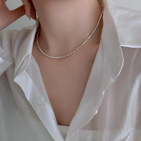 Crushed Silver Style Clavicle Necklace Silver Plated Copper Irregular Beads Minimalist Adjustable Choker For Women