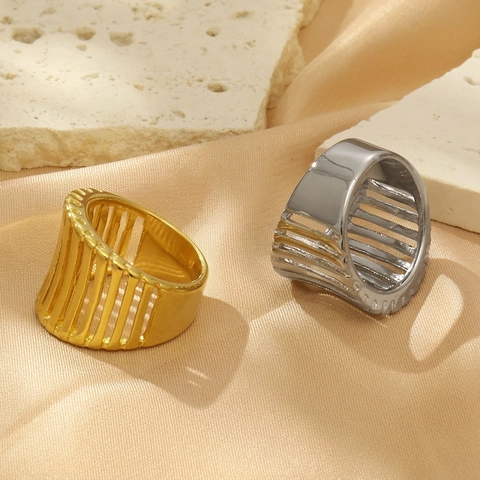 Hollow Vertical Stripe Wide Band Ring 18K Gold Plated Stainless Steel Geometric Linear Minimalist Industrial Jewelry