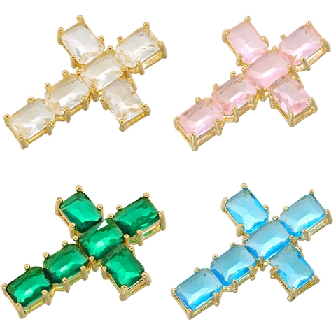 Collana Con Ciondolo A Croce Hip Hop Rame Placcato Oro 18 Carati Intarsiato Zircone Gioielli Geometrici Colorati
