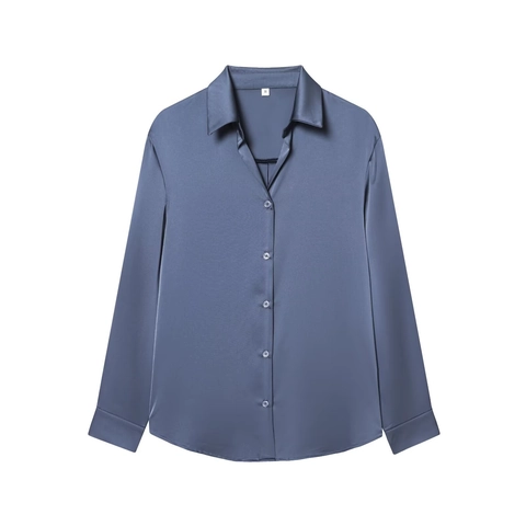 Blusa De Mujer Manga Larga Textura Satén Satén Con Botones Cuello Solapa Color Sólido Elegante