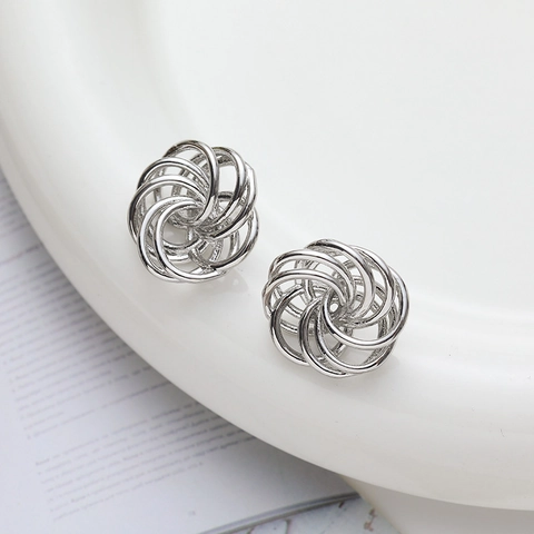 Orecchini a Bottone a Forma di Nido d'Uccello Cavo Stile Coreano per Donna Design di Nicchia Spirale Geometrica in Rame Galvanizzato 18K
