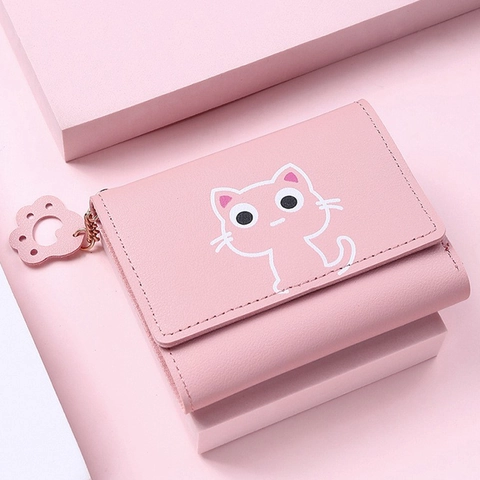 Women Short Wallet PU Leather Trifold Cute Cartoon Cat Pattern Card Holder Coin Purse With Cat Paw Pendant Sweet Style