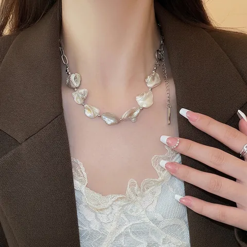 Conjunto De Collar Pulsera Pendientes Aleación Concha Costura Cadena Asimétrica Estilo Barroco Retro Francés Joyería Elegante Mujer