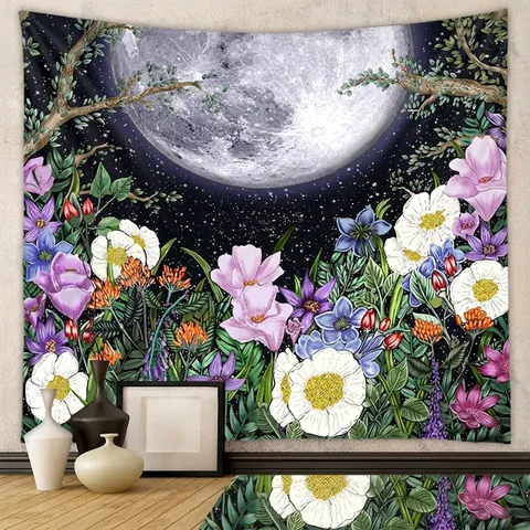 Arazzo Fase Lunare Cielo Stellato Fiori Poliestere Da Parete Decorazione Estetica Camera Da Letto Soggiorno Stile Bohémien