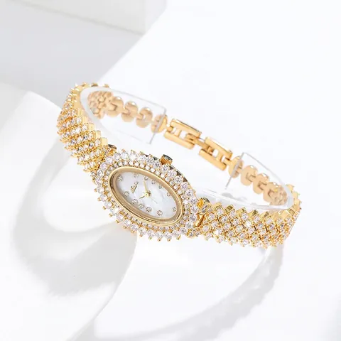 Women Quartz Watch Oval Mother Of Artificial Pearl Dial Full Rhinestone Studded Luxury Elegant Fashion Wristwatch For Party Gift