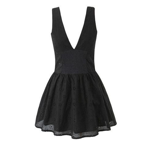 Zwarte Mini Jurk Met Broderie Anglaise Mouwloos Diepe V-Hals Knoopsluiting Hoge Taille Uitlopende Rok Zomer Sexy Dames