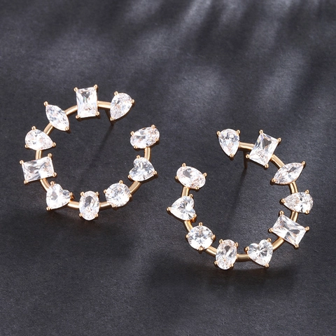 Pendientes De Aro En Forma C Latón Bañado Oro 18K Circonita Mixta Irregular Joyería Geométrica Elegante Mujer