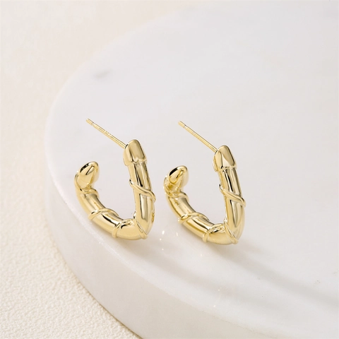 C-Shaped Hoop Earrings With 925 Sterling Silver Earring Post 14K Gold Plated Copper Geometric Bamboo Texture For Women