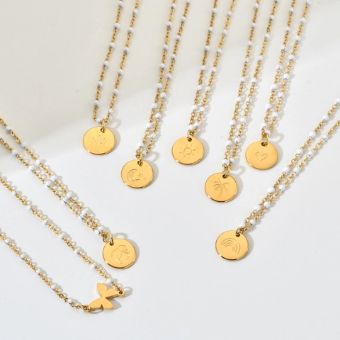Stainless Steel Round Disc Pendant Necklace Gold Plated With White Beads Bohemian Retro Dainty Jewelry For Women