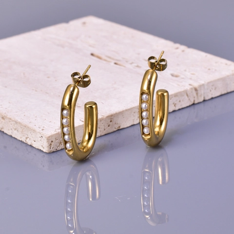 Pendientes De Aro De Acero Inoxidable Chapado En Oro De 18K Estilo Francés Con Perlas Artificiales Blancas Para Mujer