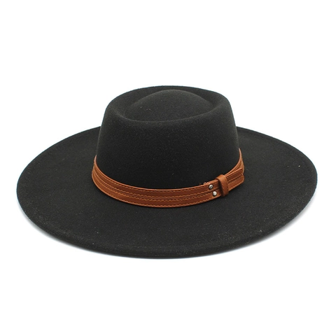 Vintage Wool Felt Boater Hat Flat Top Wide Brim With Leather Belt Metal Rivets Elegant Unisex Outdoor Warm Accessory