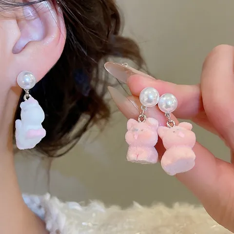 Cute Flocked Animal Stud Earrings With Imitation Artificial Pearl And Silver Earring Post Fashion Jewelry For Women