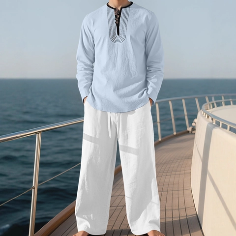 Tenues Homme Mélange Lin Chemise Henley Manches Longues Et Pantalon Large À Cordon Décontracté Vacances Plage Costume