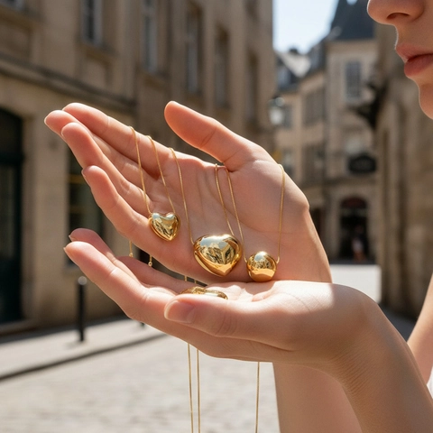 Heart And Round Ball Pendant Necklace Copper Gold Plated Polished Minimalist Box Chain Jewelry For Women