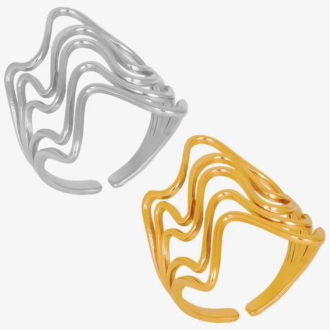 Minimalistischer Edelstahl Unregelmäßiger Welliger Offener Ring Für Damen 18K Gold Silber Plattierter Geometrischer Schmuck