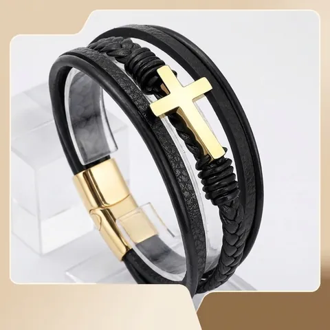 Bracciale In Pelle Intrecciata Multistrato Da Uomo Croce In Acciaio Inossidabile Chiusura Magnetica Punk Religioso