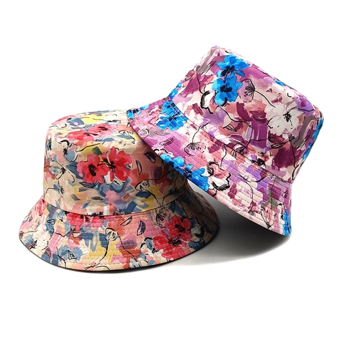Floral Print Bucket Hat Reversible Sun Protection Summer Travel Vintage Style Polyester Hat For Women