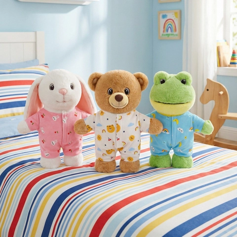 Soft Stuffed Animal Plush Toy Wearing Cute Printed Pajamas Rabbit Bear Frog Soothing Sleep Doll For Toddler Nursery Decor