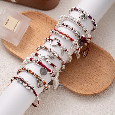 Bracelet En Corde De Coton Tressé Main Breloques En Alliage Réglable Style Ethnique Tradition Chinoise Bijoux De Chance