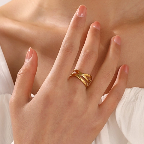 Anillo Abierto Ajustable De Acero Inoxidable Línea Cruzada Multicapa Geométrico Calado Joyería De Moda Para Mujer