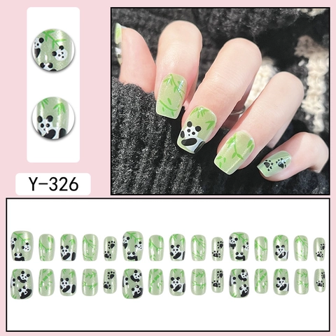 Kunstnagels Kattenoog Effect Panda Bamboe Ontwerp Kort Vierkant Rond Lichtgroen Glitters Schattige Cartoon Stijl Manicure
