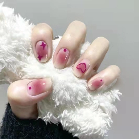 Sweet Press On Nails Pink Purple Blush Gradient Heart Star Pattern Short Round ABS Plastic Removable False Nails With Glue