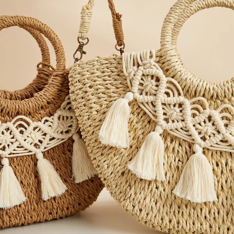 Gewebte Stroh Umhängetasche Halbkreis Quaste Boho Sommer Strand Handtasche Mit Abnehmbarem Riemen Für Damen