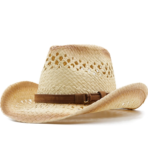 Western Cowboy Hat Woven Paper Straw Hollow Out Breathable Gradient Wide Brim For Outdoor Beach Travel Unisex