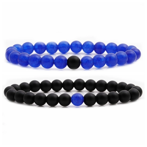 Bracelets En Perles De Lapis-Lazuli Et Pierre Noire Mate Bijoux Unisexes Élastiques Avec Breloque Couronne Style Fait Main