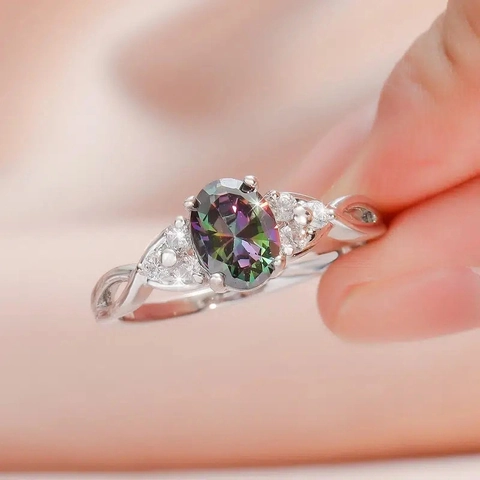 Dames Ovale Mystic Topaas Stijl Regenboog Ring Koper Verzilverd Gevlochten Infinity Band Zirkoon Sieraden