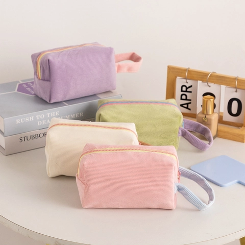Borsa Per Cosmetici In Velluto A Coste Grande Capacità Maniglia Portatile Cerniera Custodia Da Viaggio Per Donne Organizzatore Per Trucco Morbido