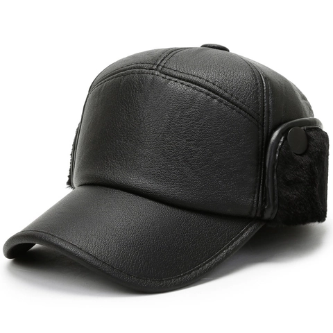 Men Winter Warm PU Leather Baseball Cap With Faux Fur Earflaps Windproof Thermal Outdoor Hat Black