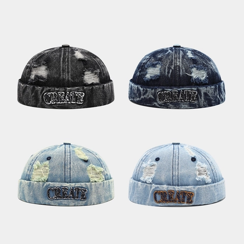 Bonnet Docker En Jean Délavé Rétro Avec Broderie Miki Hat Vintage Streetwear Bonnet Sans Bord Pour Hommes Femmes
