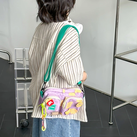 Kids Crossbody Bag Nylon Lightweight Cartoon Cookie Print Adjustable Strap Cute Shoulder Purse For Toddlers Boys Girls