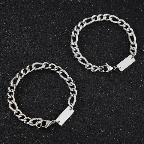 Collier Bracelet Maille Figaro Acier Inoxydable Plaque Identité Vierge Rectangle Bijoux Mode Hip Hop Pour Hommes