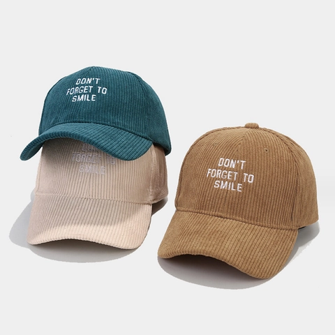 Corduroy Baseball Cap For Men Women Don't Forget To Smile Embroidery Adjustable Retro Casual Outdoor Sun Hat
