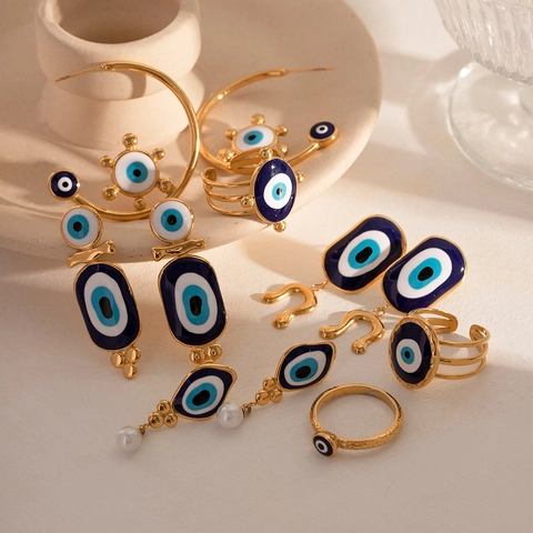 Orecchini E Anelli Evil Eye Acciaio Inossidabile Placcato Oro 18K Smalto Stile Turco Etnico Gioielli Geometrici Per Donne