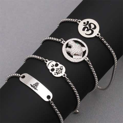 Adjustable Slider Bracelet Stainless Steel Punk Hip Hop Skull Om Panther Head Medical Alert Men Unisex