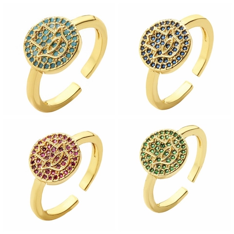 Hamsa Hand Adjustable Open Ring Gold Plated Copper Micro Pave Zircon Round Ethnic Fashion Jewelry For Women Gift