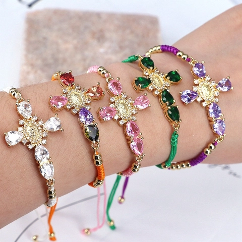 Bracciale Vintage di Lusso con Croce in Zirconia Medaglia Vergine Maria Corda Intrecciata Regolabile Placcato Oro Rame Religioso Donna
