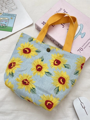 Borsa A Mano In Tela Con Stampa Girasole Borsa Tote Portatile In Lino Stile Dolce E Fresco Chiusura Con Bottone