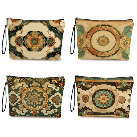 Borsa Per Trucco Con Stampa Mandala Bohémien Lino Fine Organizer Da Toilette Portatile Cerniera Cinturino Da Polso Stile Etnico