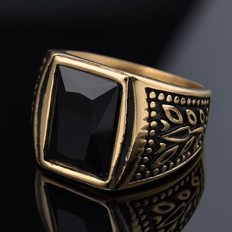 Men Signet Ring Stainless Steel Rectangular Synthetic Gemstone Vintage Tulip Relief Retro Polished Jewelry