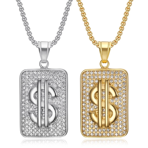 Collana con Ciondolo Simbolo Dollaro USD in Acciaio Inossidabile Hip Hop Strass Catena Box Gioielli per Uomo Donna Oro Argento