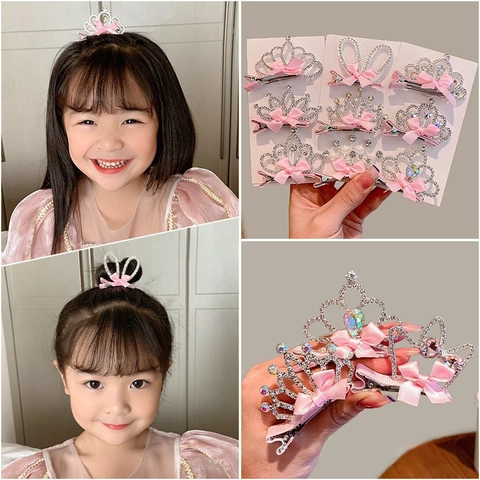Barrettes Cheveux Couronne Strass Enfants Alliage Princesse Douce Noeud Satin Coiffure Pour Filles Tout-Petits Cadeau Fête Anniversaire